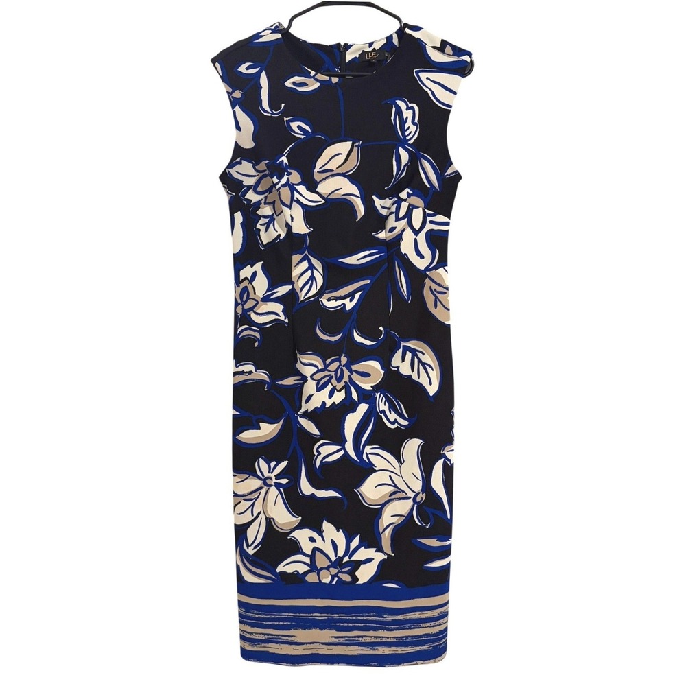 ILE New York Floral Sheath Dress Blue Black Tan Sleeveless SIZE 8